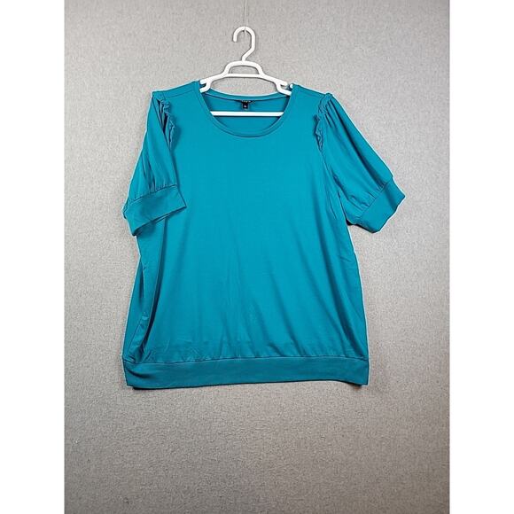 Torrid Turquoise SS Lace Trim Round Neck Banded Blouse Women's Plus 3X Stretch - Picture 1 of 12